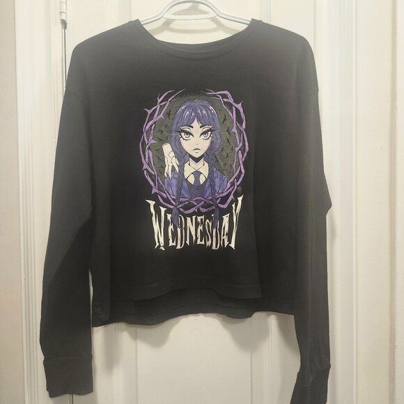 Halloween Wednesday Addams Crop  long sleeve T-shirt – Gothic Graphic – Size M - Picture 1 of 5